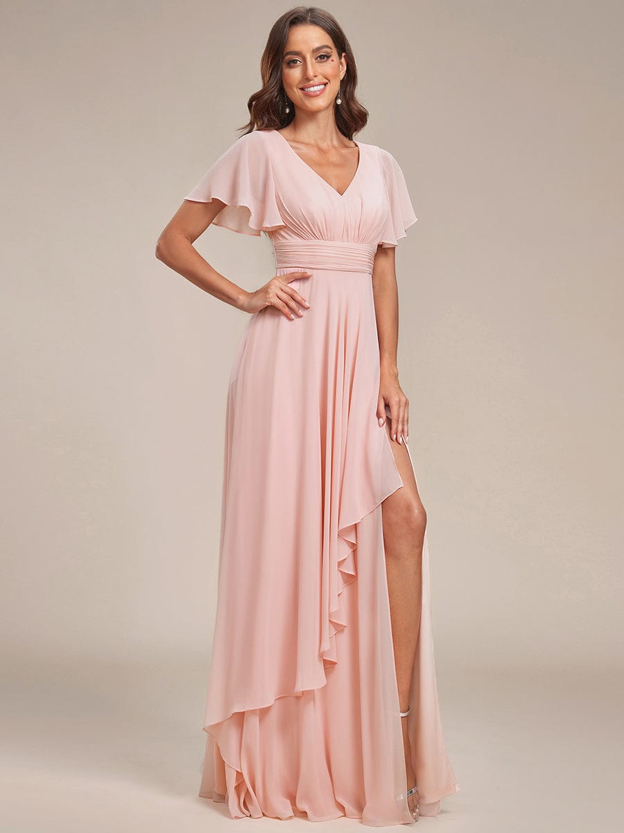 Ruffles Sleeve High Split Chiffon Evening Dress #color_Pink