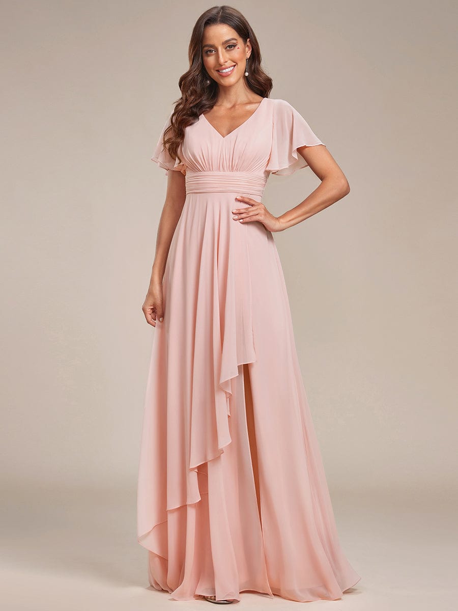 Ruffles Sleeve High Split Chiffon Evening Dress #color_Pink