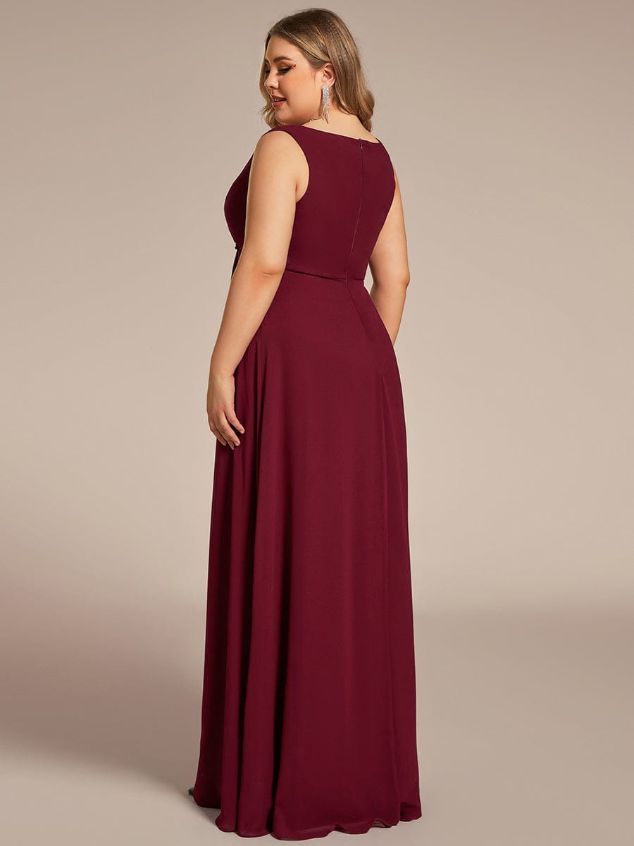 V-Neck Sleeveless A-Line Evening Dress with Appliques #color_Burgundy