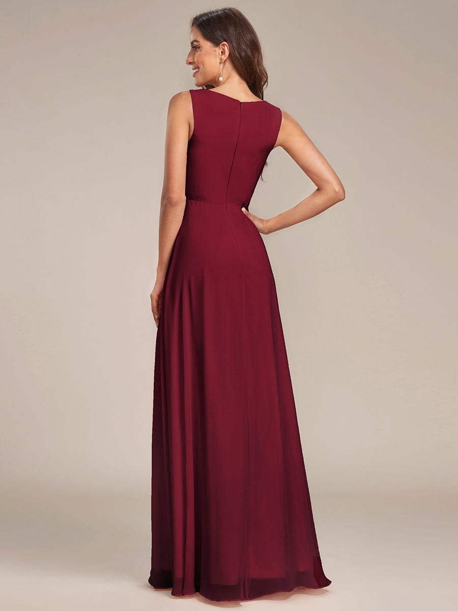 V-Neck Sleeveless A-Line Evening Dress with Appliques #color_Burgundy