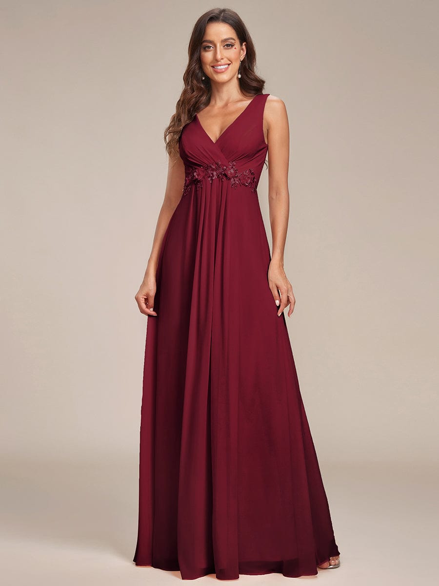 V-Neck Sleeveless A-Line Evening Dress with Appliques #color_Burgundy