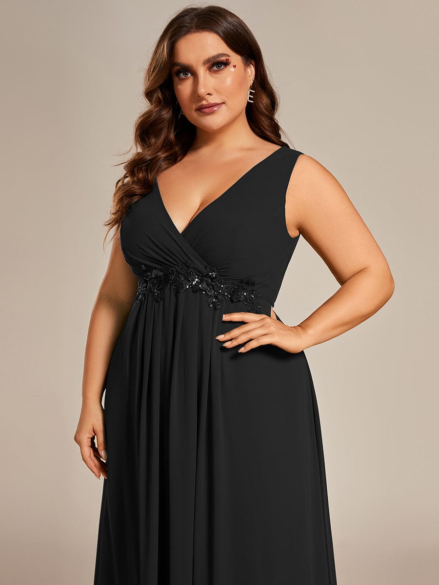 V-Neck Sleeveless A-Line Evening Dress with Appliques #color_Black