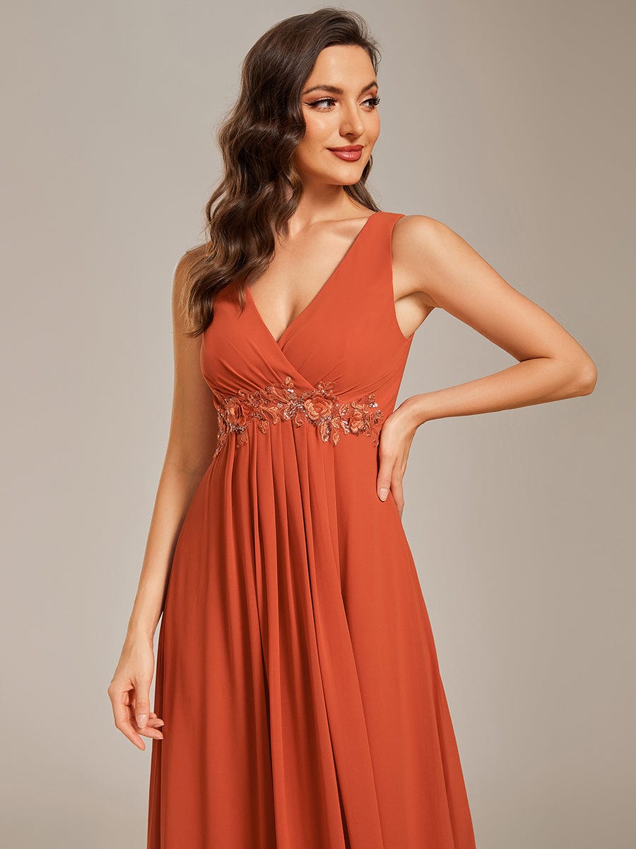 V-Neck Sleeveless A-Line Evening Dress with Appliques #color_Burnt Orange