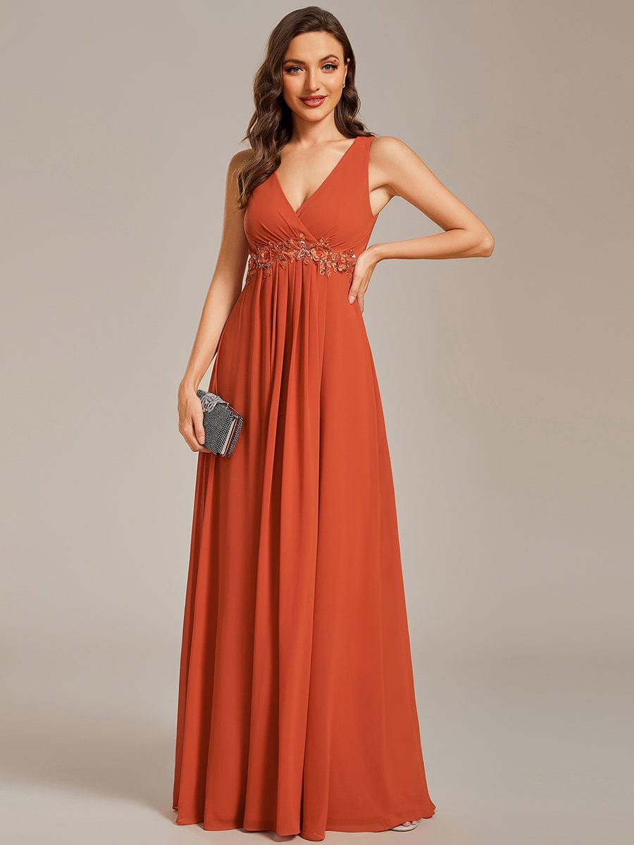 V-Neck Sleeveless A-Line Evening Dress with Appliques #color_Burnt Orange