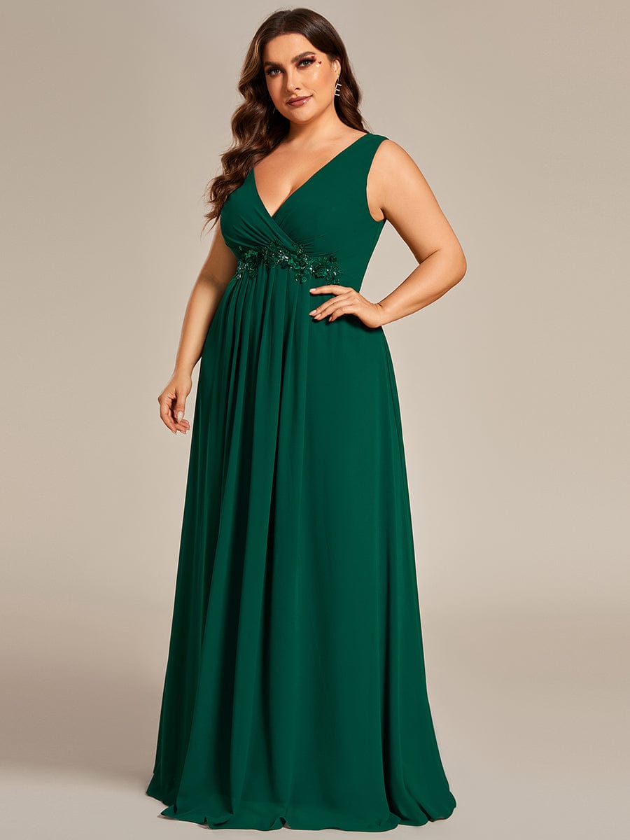 V-Neck Sleeveless A-Line Evening Dress with Appliques #color_Dark Green