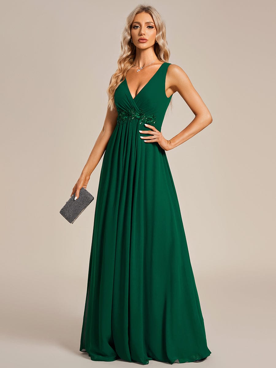 V-Neck Sleeveless A-Line Evening Dress with Appliques #color_Dark Green