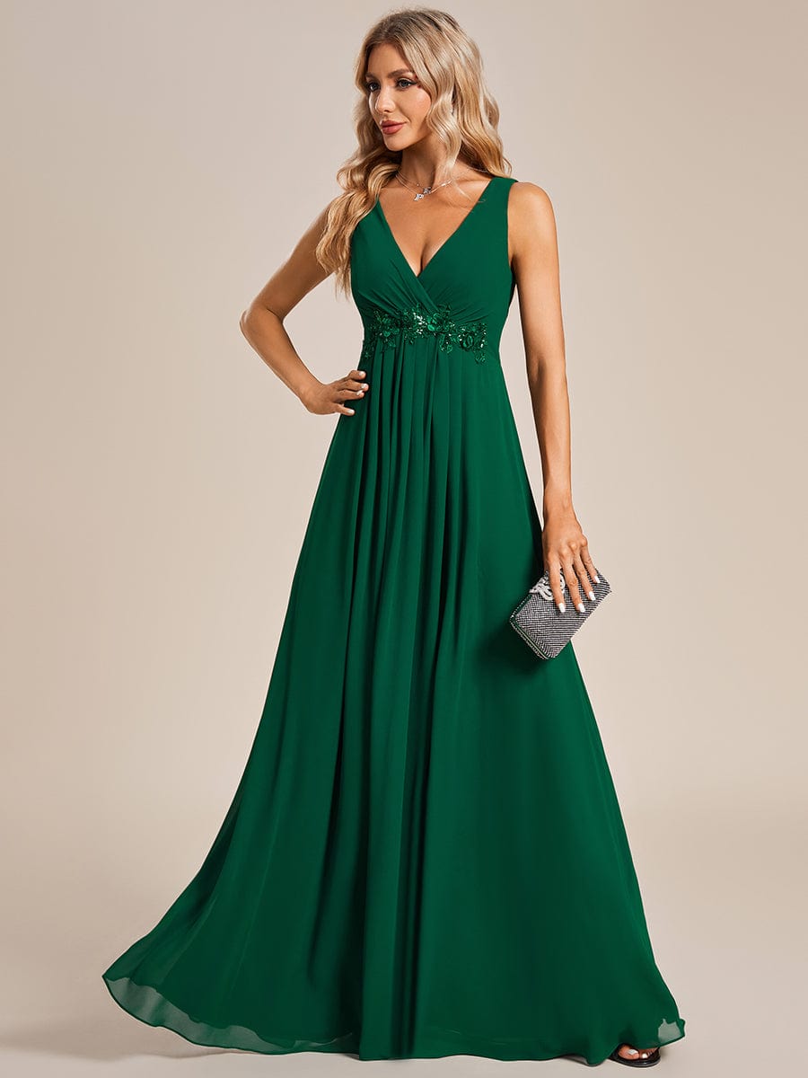 V-Neck Sleeveless A-Line Evening Dress with Appliques #color_Dark Green