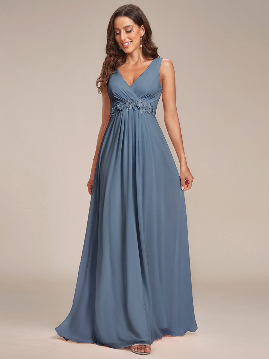 V-Neck Sleeveless A-Line Evening Dress with Appliques #color_Dusty Navy