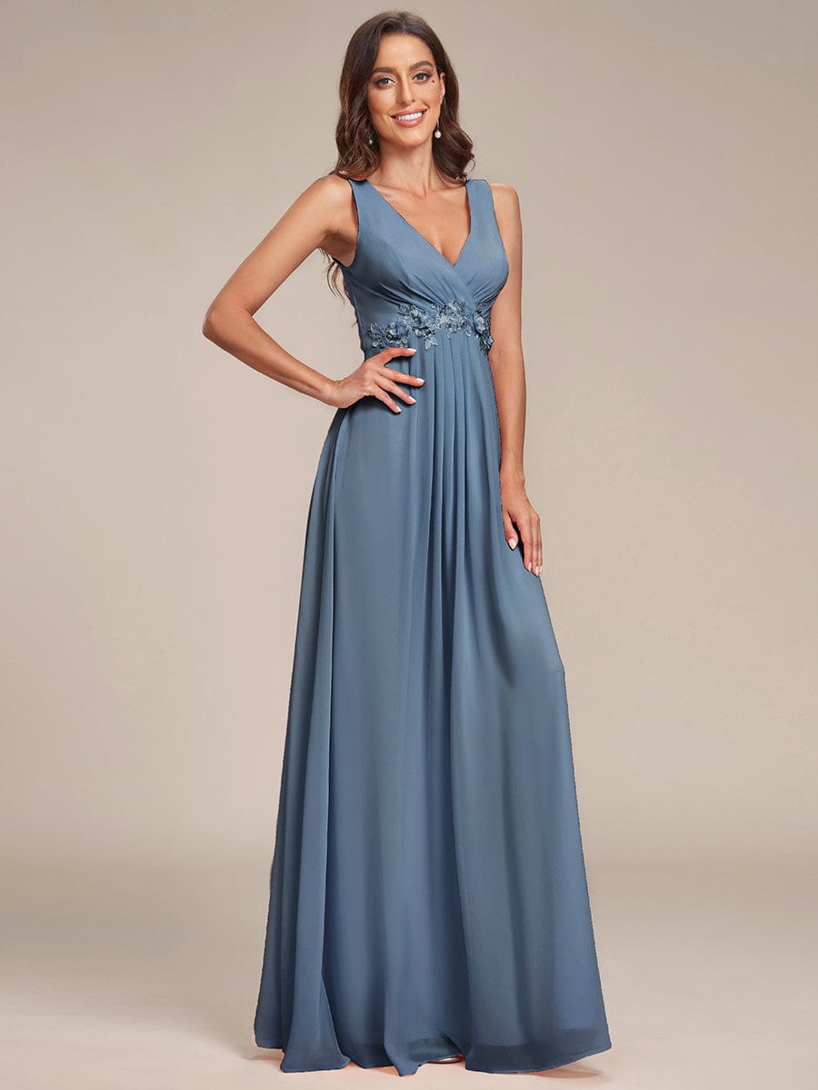 V-Neck Sleeveless A-Line Evening Dress with Appliques #color_Dusty Navy