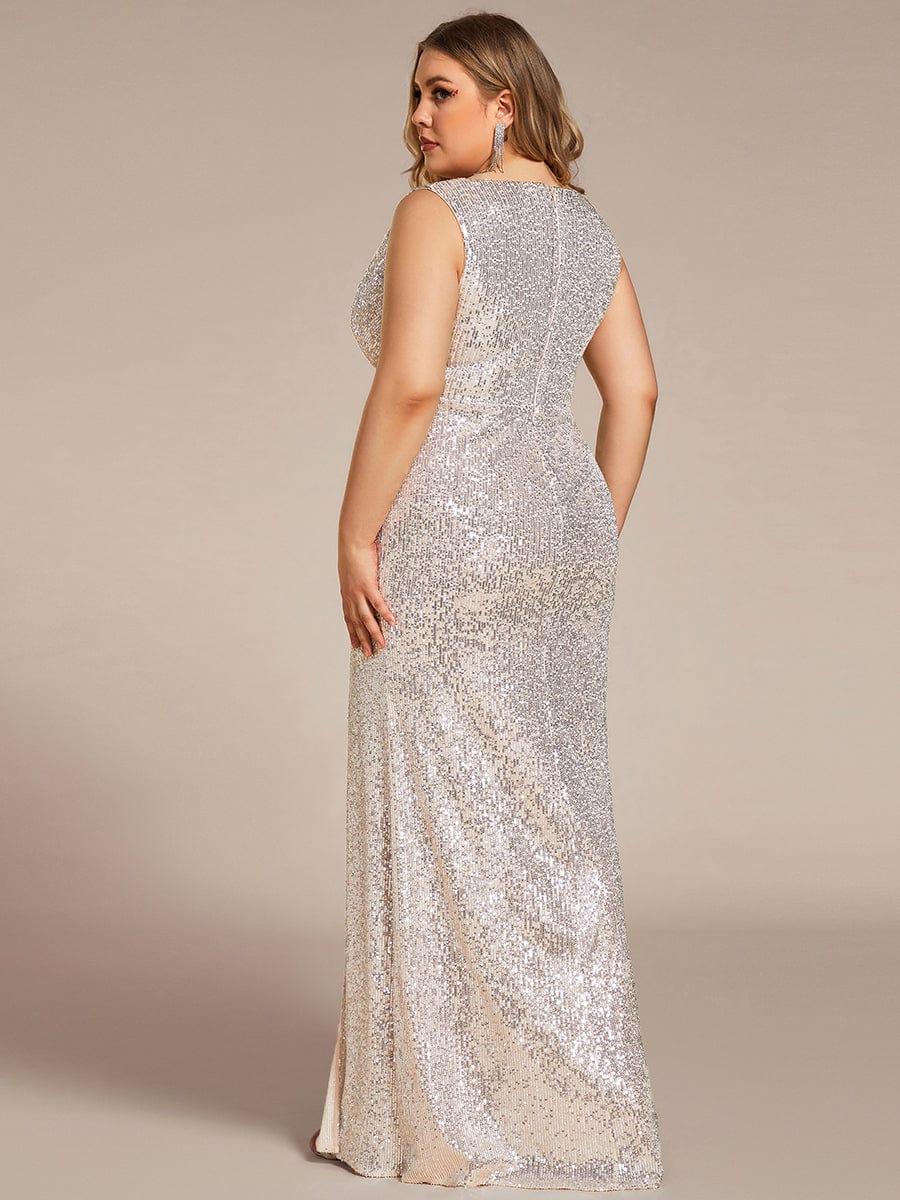 Plus Size High Split Dazzling Sequin Deep V-Neck Evening Dress #color_Champagne