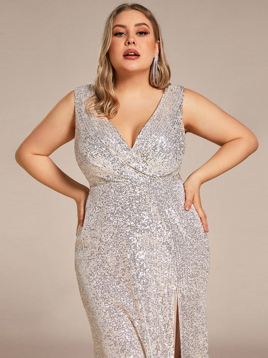 Plus Size High Split Dazzling Sequin Deep V-Neck Evening Dress #color_Champagne