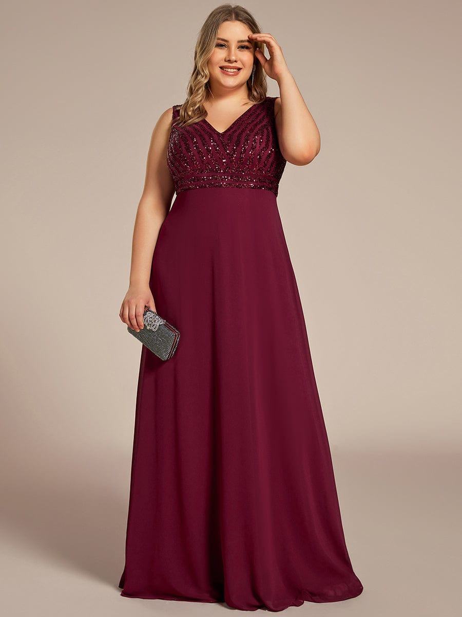 Sparkling Sequin V-Neck A-Line Evening Dress #color_Burgundy