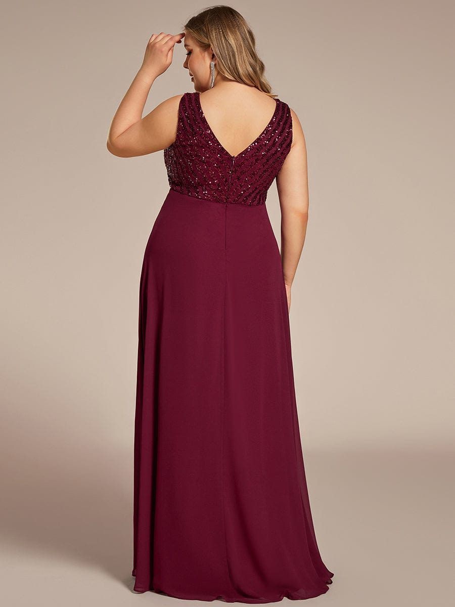 Sparkling Sequin V-Neck A-Line Evening Dress #color_Burgundy