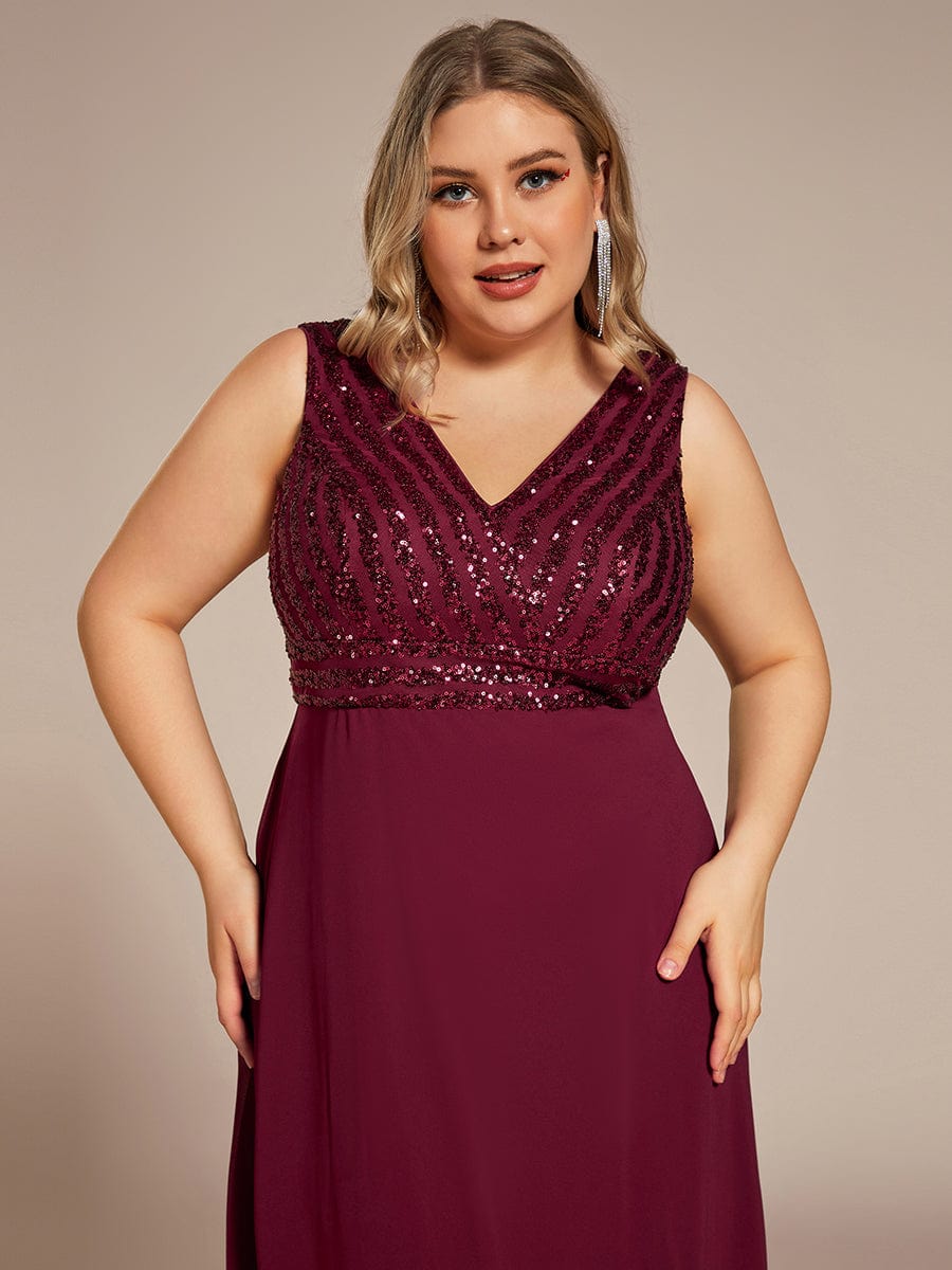 Sparkling Sequin V-Neck A-Line Evening Dress #color_Burgundy