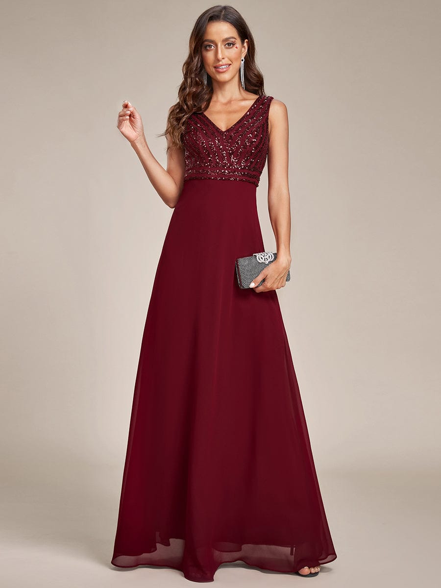 Sparkling Sequin V-Neck A-Line Evening Dress #color_Burgundy