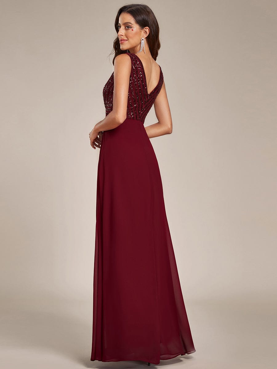 Sparkling Sequin V-Neck A-Line Evening Dress #color_Burgundy