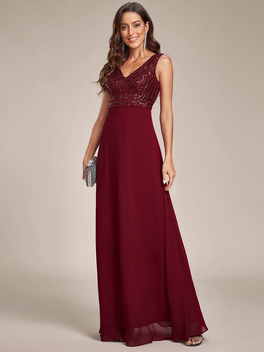 Sparkling Sequin V-Neck A-Line Evening Dress #color_Burgundy