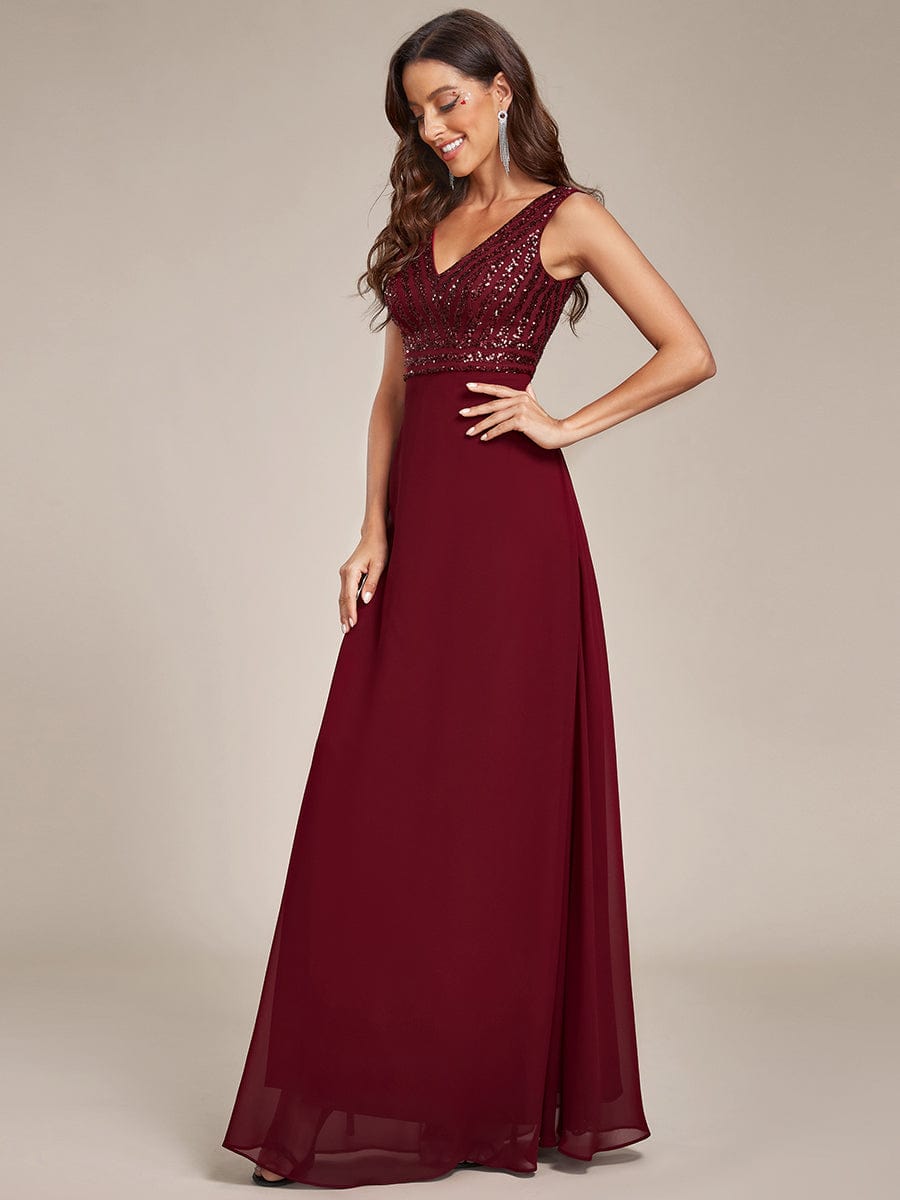 Sparkling Sequin V-Neck A-Line Evening Dress #color_Burgundy