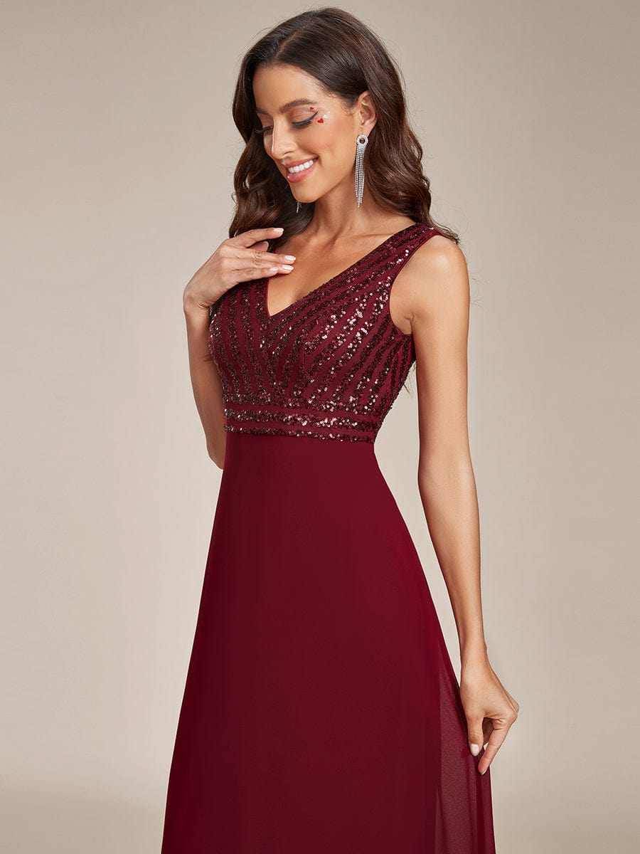 Sparkling Sequin V-Neck A-Line Evening Dress #color_Burgundy