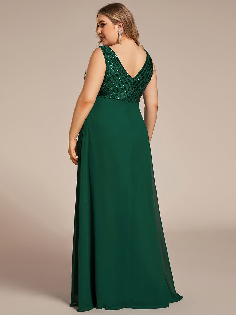 Sparkling Sequin V-Neck A-Line Evening Dress #color_Dark Green