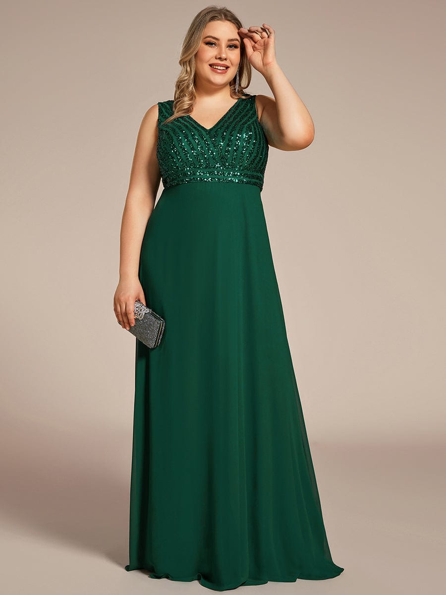 Sparkling Sequin V-Neck A-Line Evening Dress #color_Dark Green