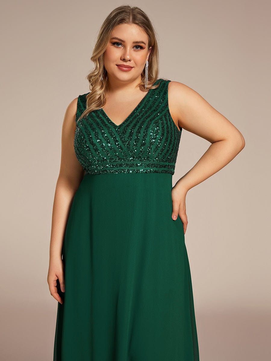 Sparkling Sequin V-Neck A-Line Evening Dress #color_Dark Green