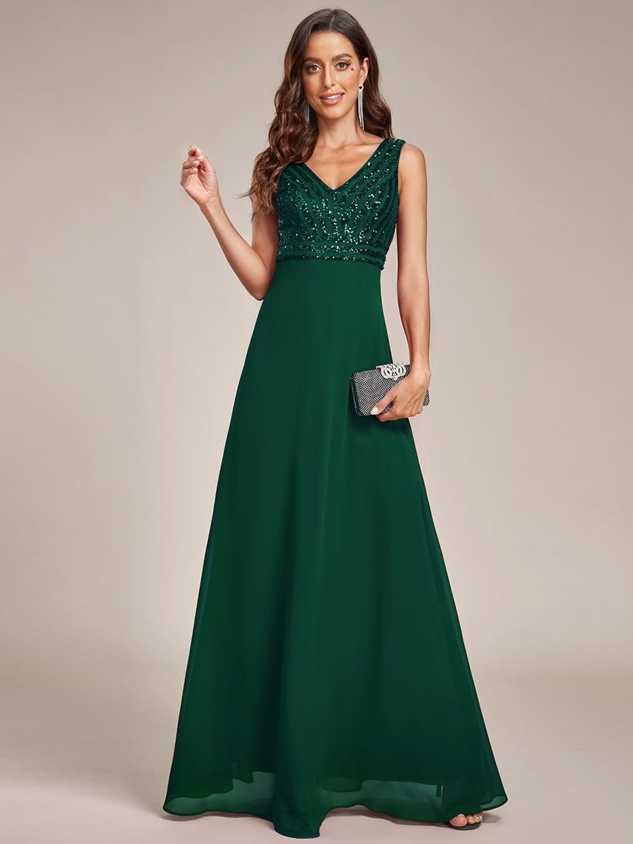 Sparkling Sequin V-Neck A-Line Evening Dress #color_Dark Green