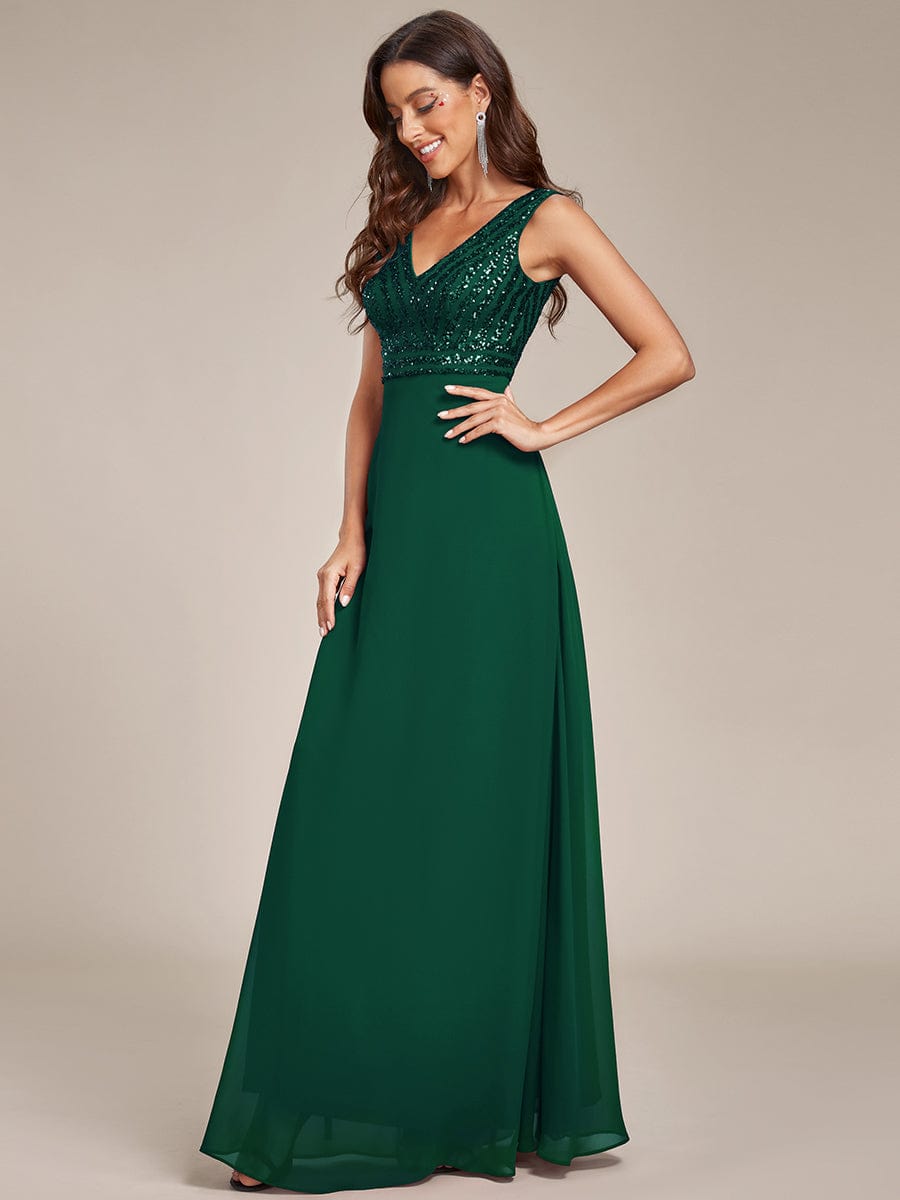 Sparkling Sequin V-Neck A-Line Evening Dress #color_Dark Green