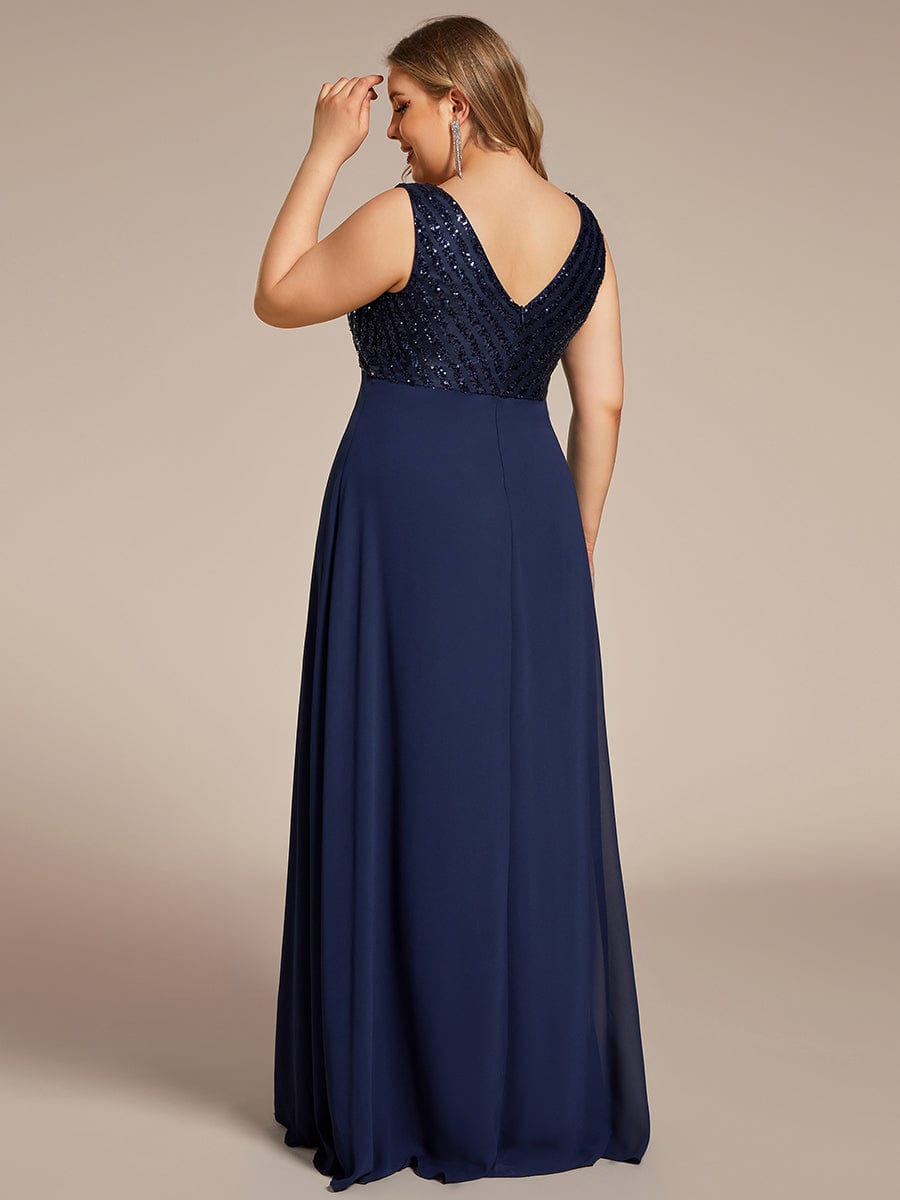 Sparkling Sequin V-Neck A-Line Evening Dress #color_Navy Blue