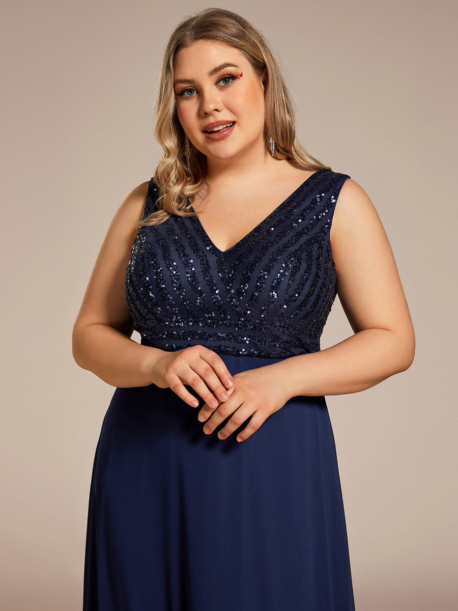 Sparkling Sequin V-Neck A-Line Evening Dress #color_Navy Blue