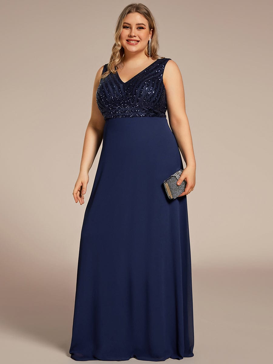 Sparkling Sequin V-Neck A-Line Evening Dress #color_Navy Blue