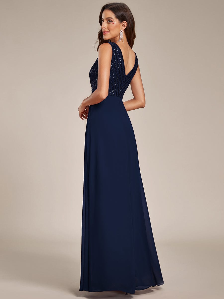 Sparkling Sequin V-Neck A-Line Evening Dress #color_Navy Blue