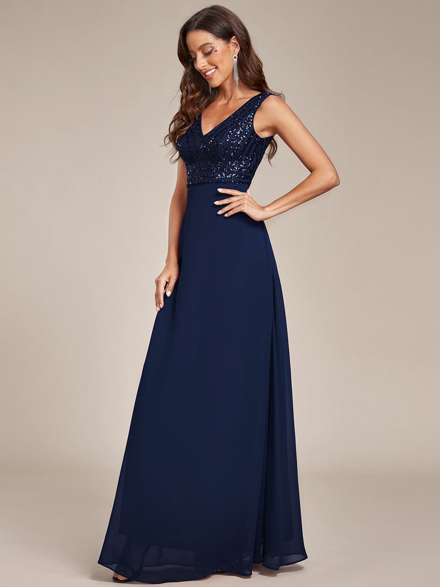 Sparkling Sequin V-Neck A-Line Evening Dress #color_Navy Blue