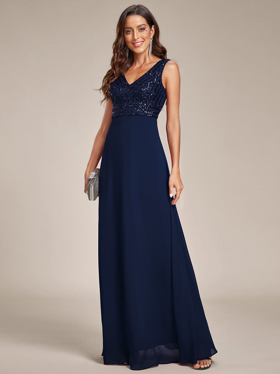 Sparkling Sequin V-Neck A-Line Evening Dress #color_Navy Blue