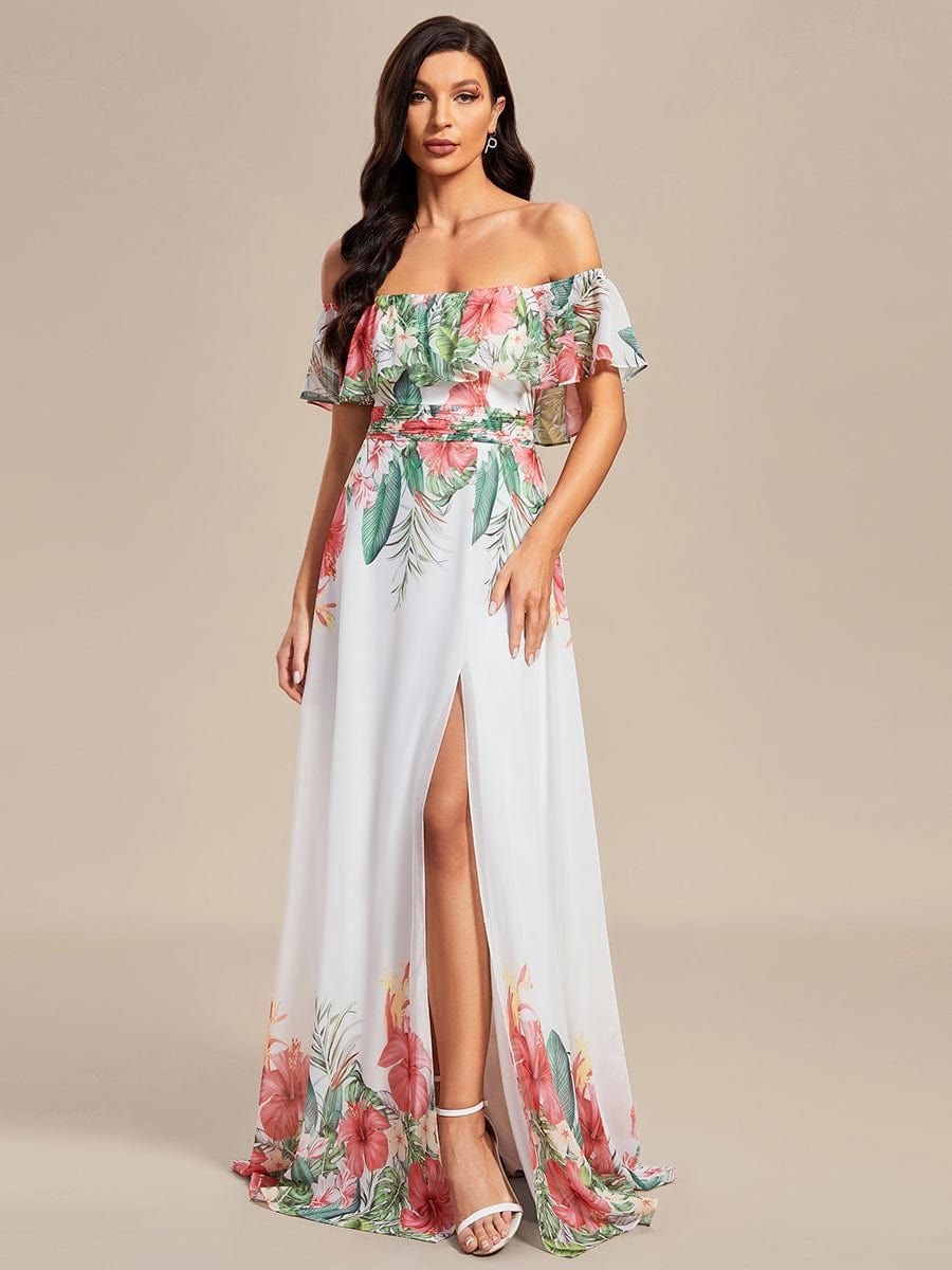 Bohemian Off the Shoulder Chiffon A-Line Summer Evening Dress #color_White Red