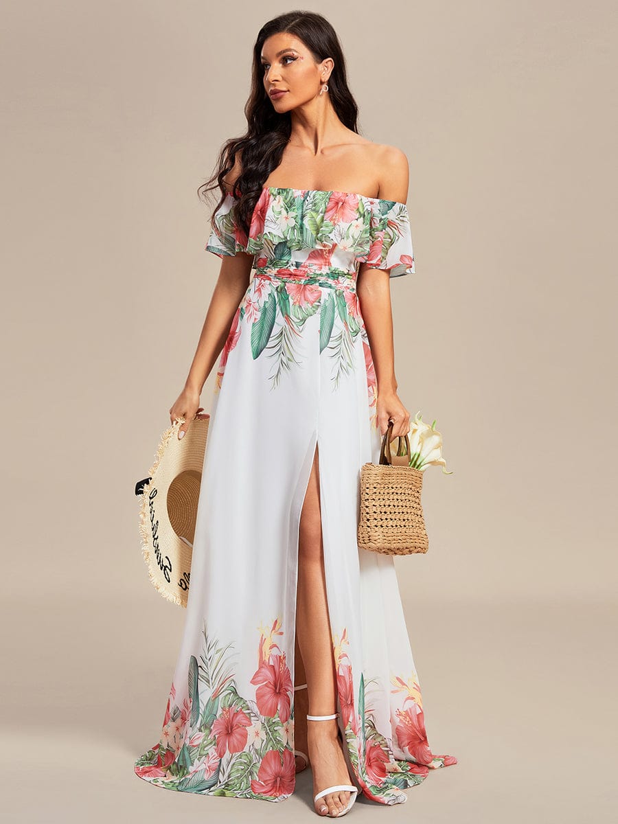 Bohemian Off the Shoulder Chiffon A-Line Summer Evening Dress #color_White Red