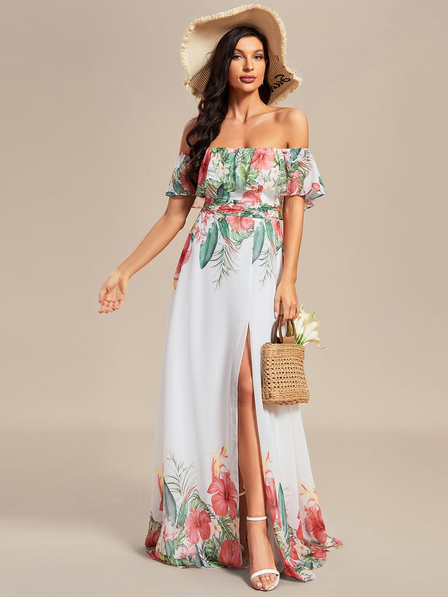 Bohemian Off the Shoulder Chiffon A-Line Summer Evening Dress #color_White Red