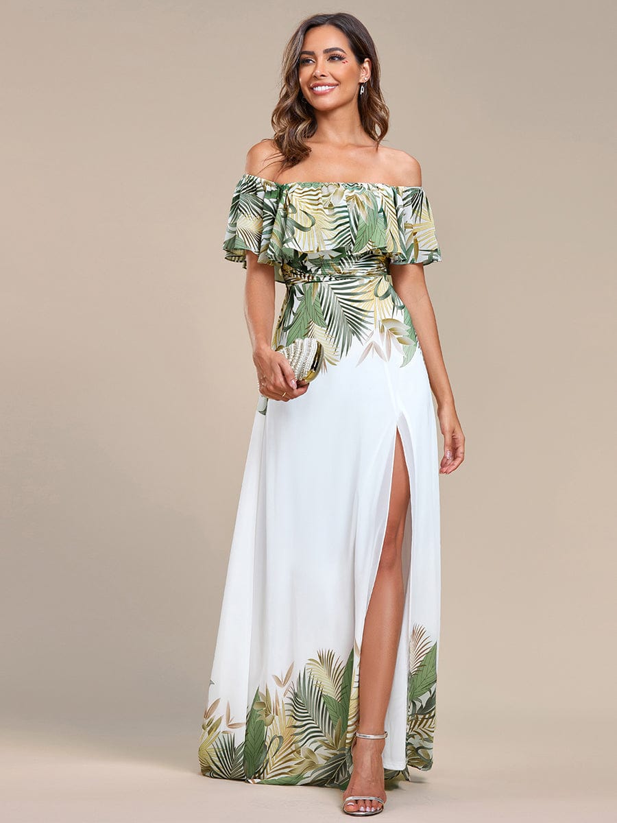 Bohemian Off the Shoulder Chiffon A-Line Summer Evening Dress #color_White Green