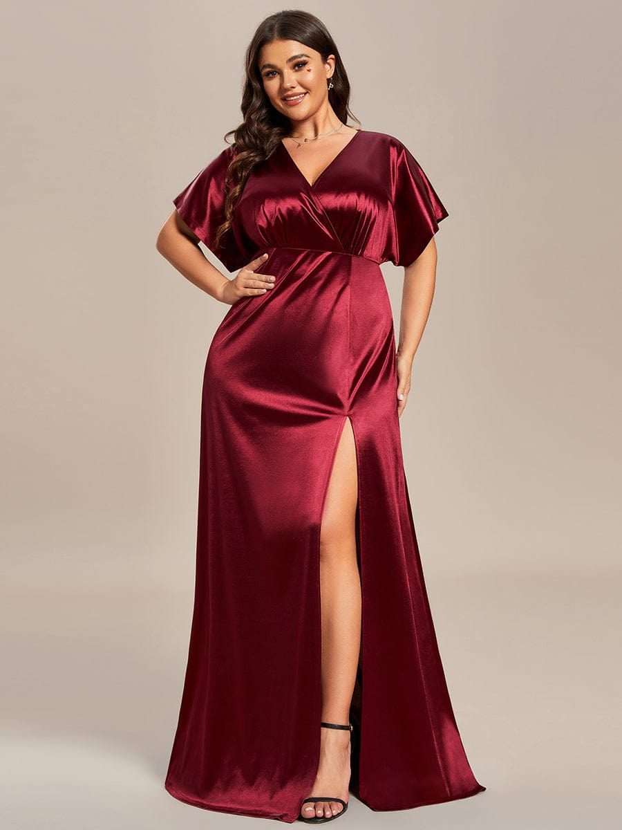 Plus Size High Slit Short Sleeves Satin Evening Dress #color_Burgundy