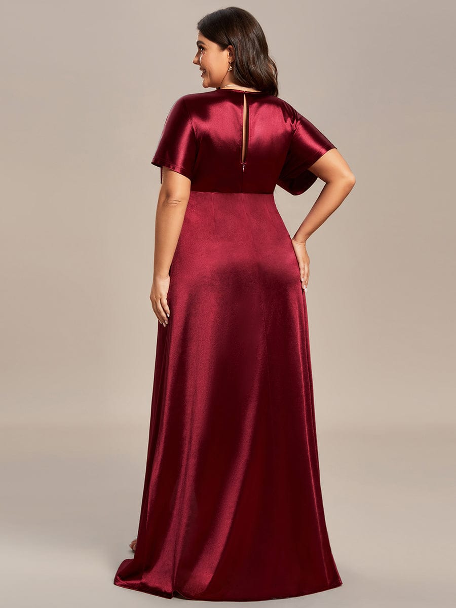 Plus Size High Slit Short Sleeves Satin Evening Dress #color_Burgundy