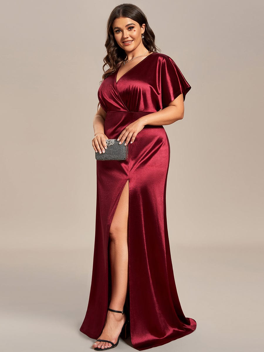 Plus Size High Slit Short Sleeves Satin Evening Dress #color_Burgundy