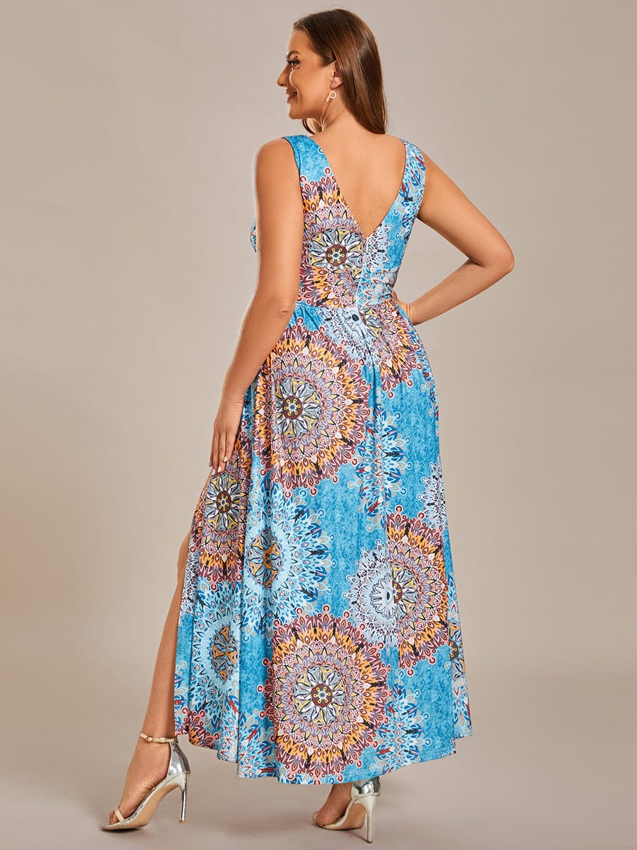 Elegant V-Neck High Slit Printing Summer Evening Dress #color_Bohemian Light Blue