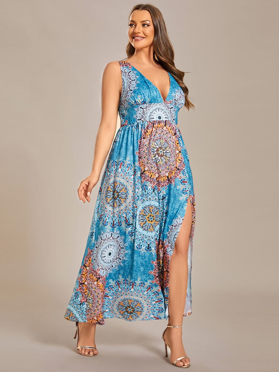 Elegant V-Neck High Slit Printing Summer Evening Dress #color_Bohemian Light Blue