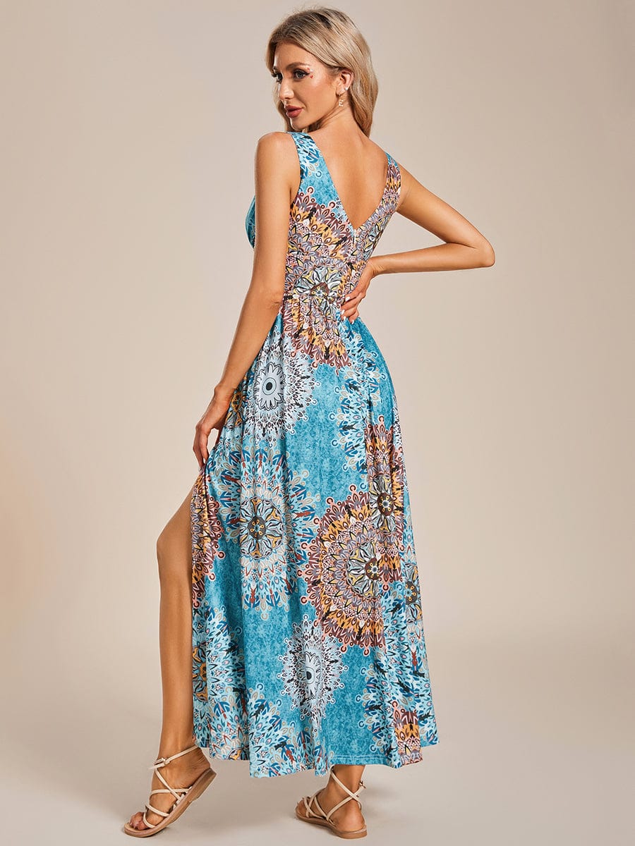 Elegant V-Neck High Slit Printing Summer Evening Dress #color_Bohemian Light Blue