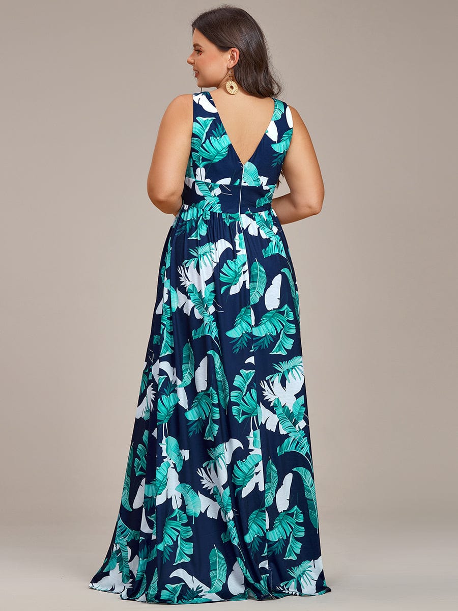 Elegant V-Neck High Slit Printing Summer Evening Dress #color_Navy Green