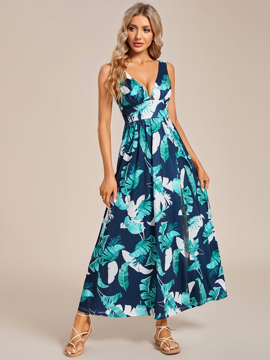 Elegant V-Neck High Slit Printing Summer Evening Dress #color_Navy Green