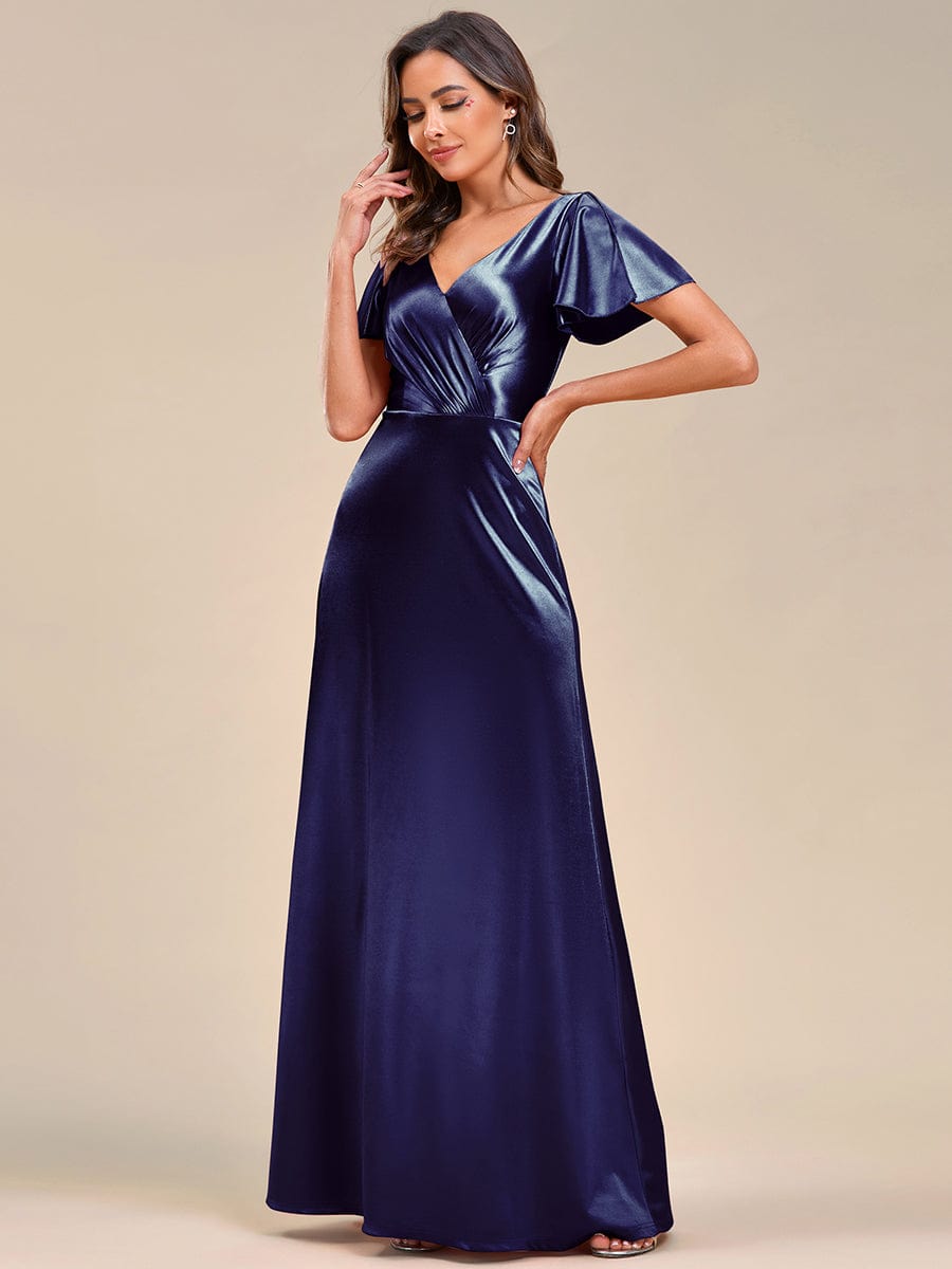 V Neck Ruffled Sleeves Satin Evening Dress #color_Navy Blue