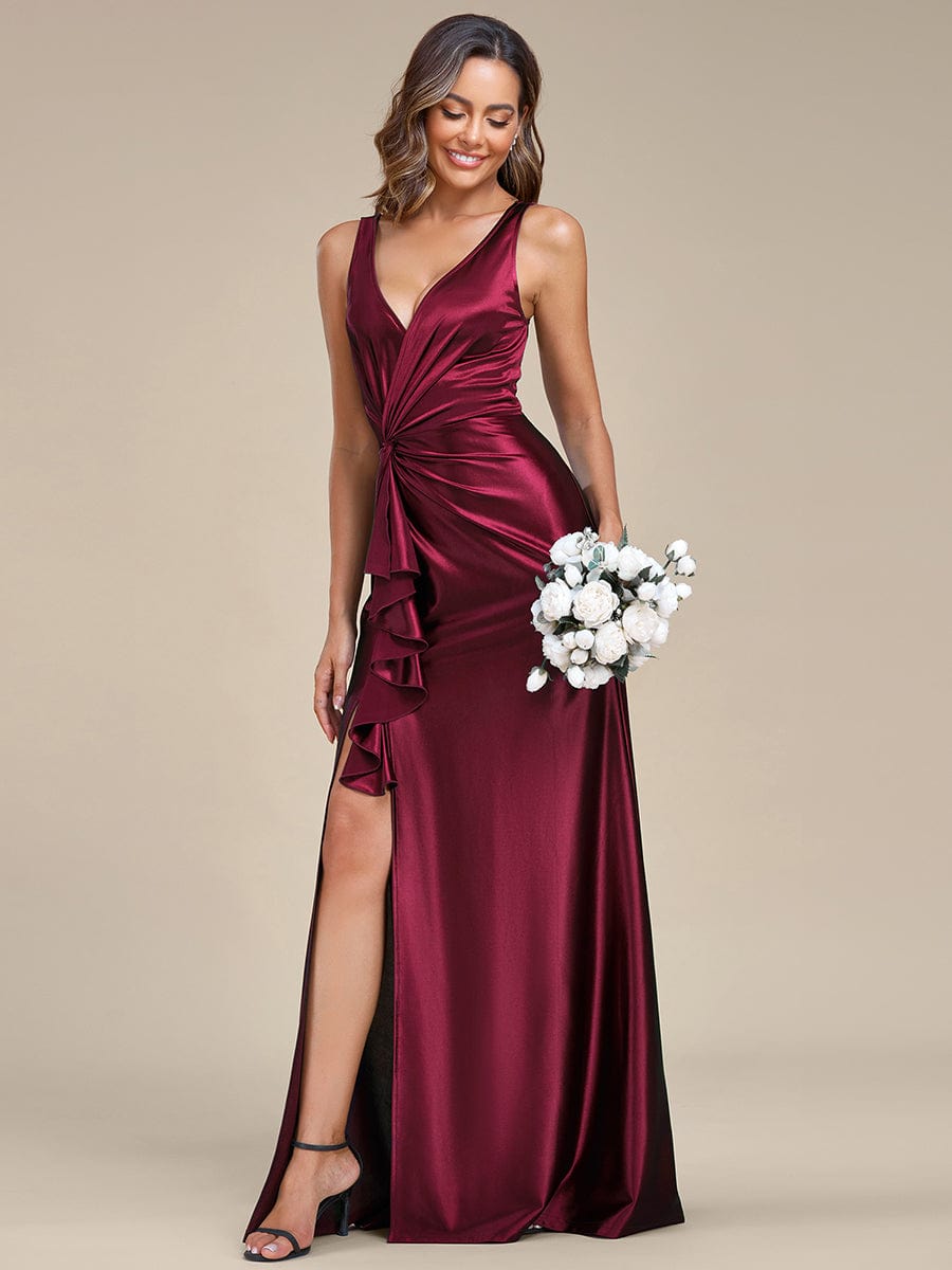 Elegant V Neck Pleated High Slit Satin Evening Dress #color_Burgundy