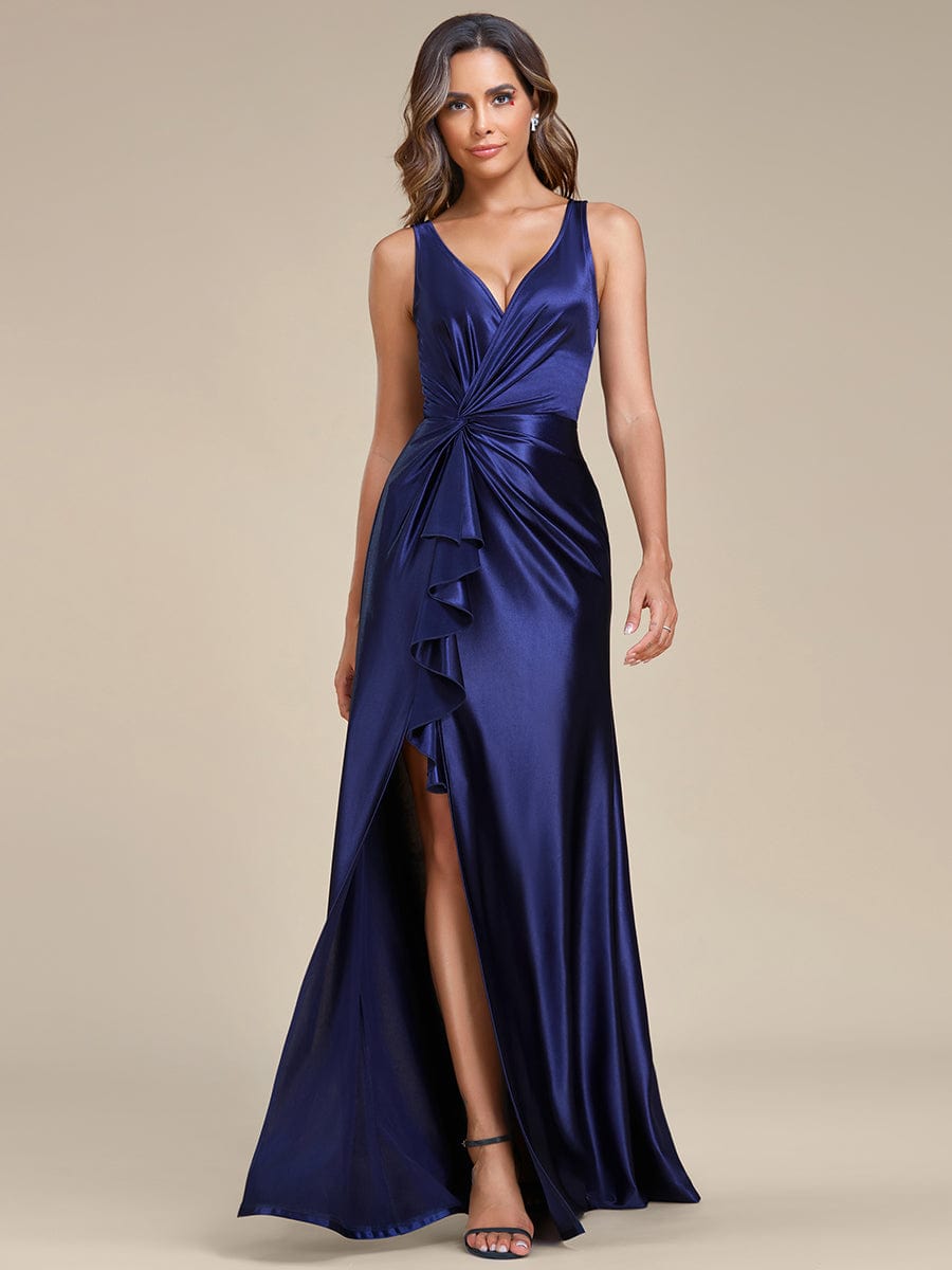 Elegant V Neck Pleated High Slit Satin Evening Dress #color_Navy Blue