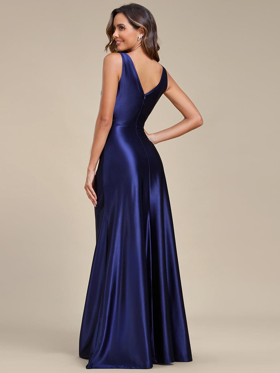 Elegant V Neck Pleated High Slit Satin Evening Dress #color_Navy Blue